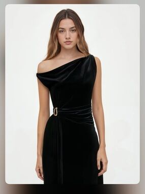 Cider VELVET ASYMMETRICAL NECKLINE DRAPED METAL DETAIL MAXI DRESS CR13-29